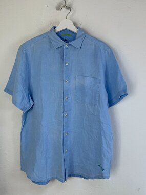 Tommy Bahama Mens Light Blue Linen Short Sleeve Button-Up Camp Shirt Size Medium